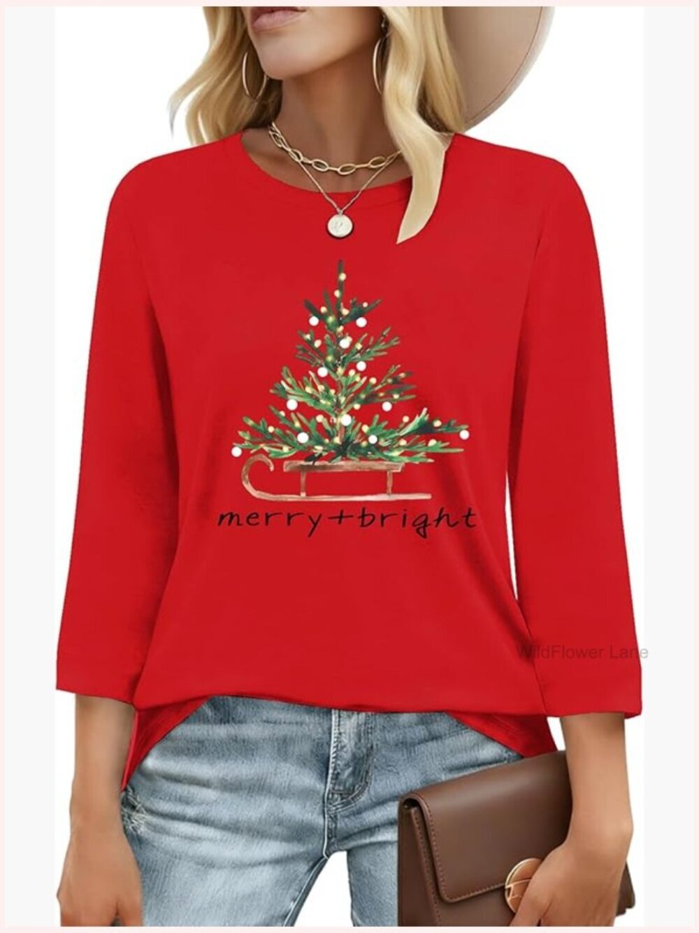 Women's 3/4 Sleeve Christmas Tree T-Shirt Holiday Tee
